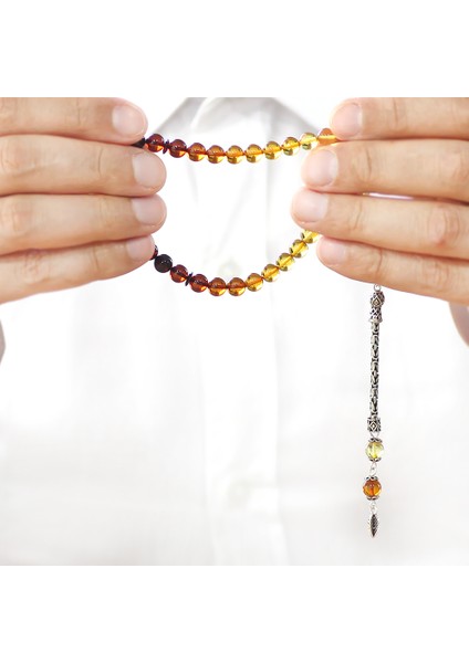 Damla Kehribar Tesbih - 925 Ayar Gümüş Kral - Süzme Sarı Kırmızı Renk - Bilek Boy - Küre Kesim fırsatları