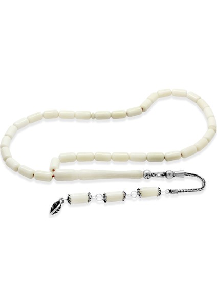 925 Ayar Gümüş Püsküllü Kırmızı Ipli Uçlu Kapsül Kesim Deve Kemiği Tesbih