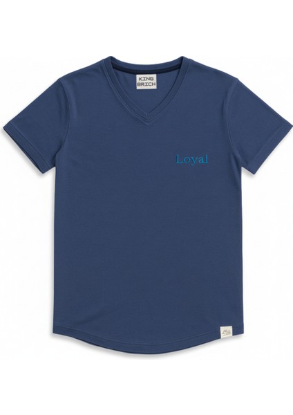 Kişiye Özel Nakışlı Yakası Biyeli Kısa Kollu V Yaka Premium Indigo Mavisi Tişört L