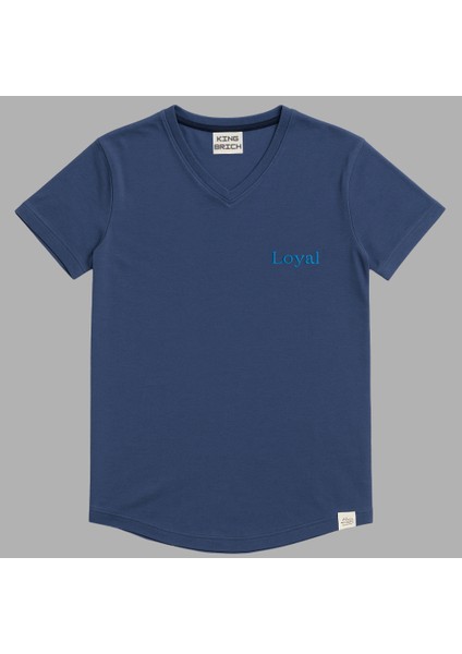 Kişiye Özel Nakışlı Yakası Biyeli Kısa Kollu V Yaka Premium Indigo Mavisi Tişört L modelleri