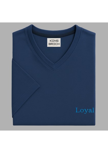 Kişiye Özel Nakışlı Yakası Biyeli Kısa Kollu V Yaka Premium Indigo Mavisi Tişört L indirimleri