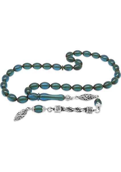 Kararmaz Metal Halat Püsküllü Arpa Kesim Turkuaz Ateş Kehribar Tesbih