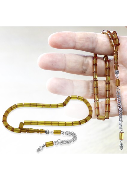 Ateş Kehribar Tesbih - Kararmaz Metal Püsküllü - Mini Boy - Sarı - Kesme Kesim fiyatları