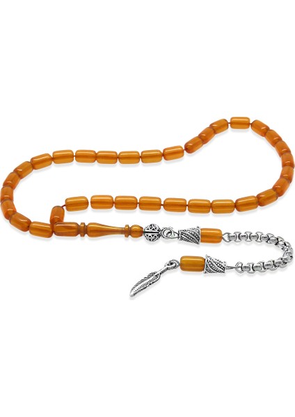 Ateş Kehribar Tesbih - Kararmaz Metal Püsküllü - Mini Boy - Turuncu Renk - Kapsül Kesim