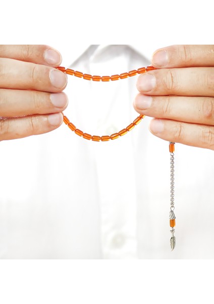 Ateş Kehribar Tesbih - Kararmaz Metal Püsküllü - Mini Boy - Turuncu Renk - Kapsül Kesim modelleri