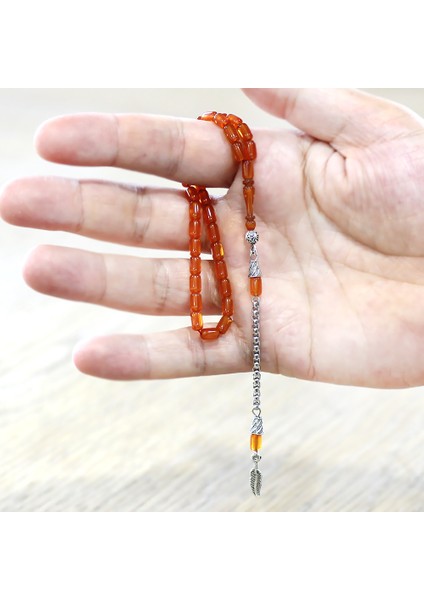 Ateş Kehribar Tesbih - Kararmaz Metal Püsküllü - Mini Boy - Turuncu Renk - Kapsül Kesim fırsatları