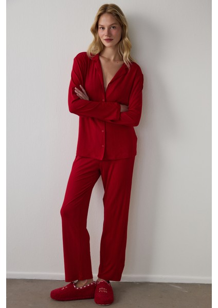 Kırmızı Ny Time Fitilli Gömlek Yaka Uzun Kollu Pijama Takımı