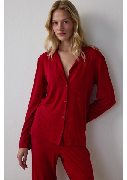 Kırmızı Ny Time Fitilli Gömlek Yaka Uzun Kollu Pijama Takımı fiyatları
