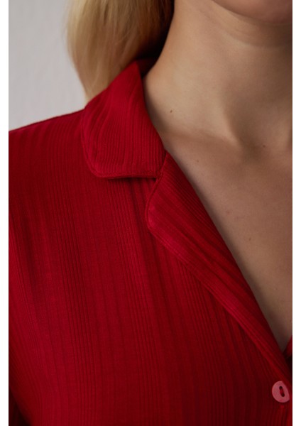 Kırmızı Ny Time Fitilli Gömlek Yaka Uzun Kollu Pijama Takımı modelleri