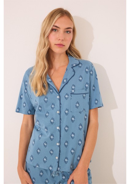 Gömlek Yaka Desenli Capri Pijama Takımı