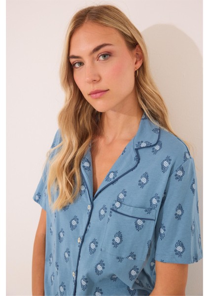 Gömlek Yaka Desenli Capri Pijama Takımı modelleri