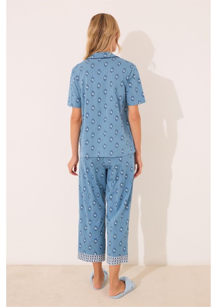 Gömlek Yaka Desenli Capri Pijama Takımı indirimleri