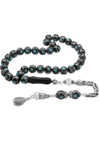 925 Ayar Gümüş Kral Zincir Püsküllü Gümüş Firuze Işleme Küre Kesim Erzurum Oltu Taşı Tesbih