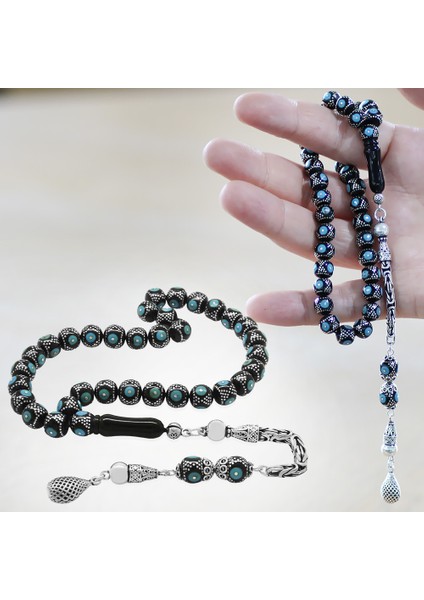 925 Ayar Gümüş Kral Zincir Püsküllü Gümüş Firuze Işleme Küre Kesim Erzurum Oltu Taşı Tesbih fiyatları