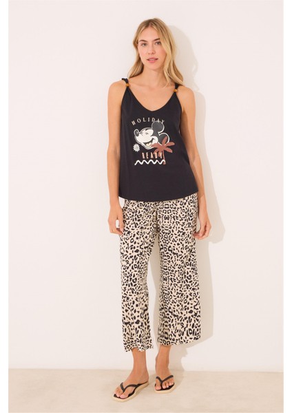 Mickey Mouse Baskılı Askılı Pantolonlu Pijama Takımı