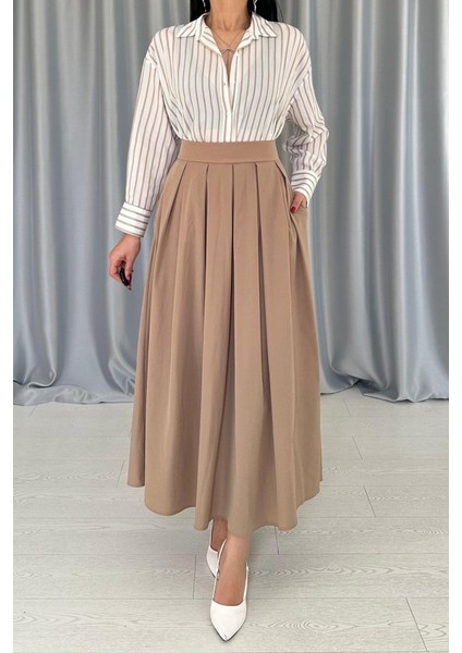 Camel Uzun Pileli Etek modelleri