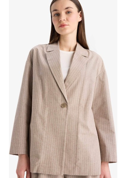 Relax Fit Ceket Yaka Çizgi Desenli Keten Blazer Ceket E4561AX25SP