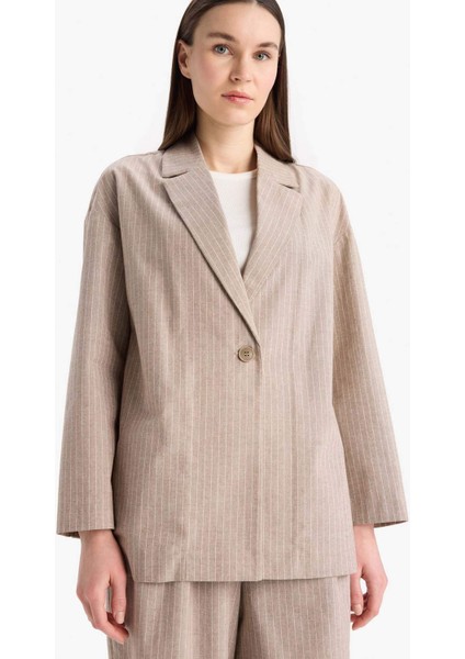 Relax Fit Ceket Yaka Çizgi Desenli Keten Blazer Ceket E4561AX25SP