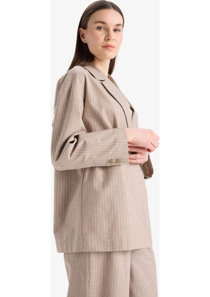 Relax Fit Ceket Yaka Çizgi Desenli Keten Blazer Ceket E4561AX25SP