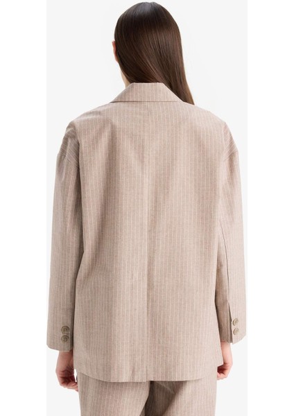 Relax Fit Ceket Yaka Çizgi Desenli Keten Blazer Ceket E4561AX25SP