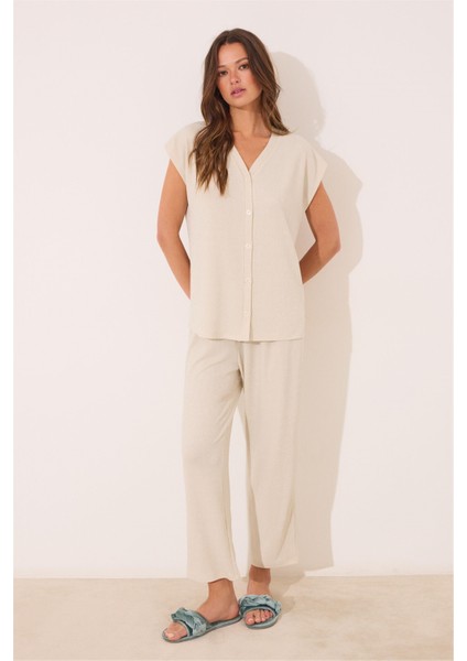 Bej Simli Pijama Takımı