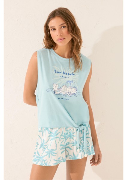 Sıfır Kol Desenli Şort Pijama Takımı