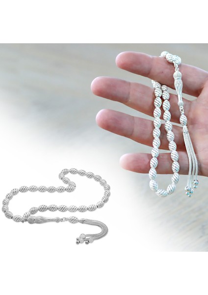 3 Lü Kamçı Püsküllü Helezon Detaylı Telkari Tasarım Arpa Kesim Gümüş Renk 925 Ayar Gümüş Tesbih fiyatları