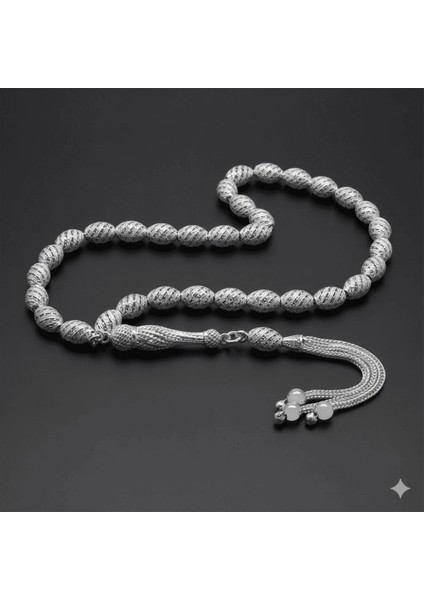 3 Lü Kamçı Püsküllü Helezon Detaylı Telkari Tasarım Arpa Kesim Gümüş Renk 925 Ayar Gümüş Tesbih modelleri