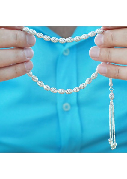 3 Lü Kamçı Püsküllü Helezon Detaylı Telkari Tasarım Arpa Kesim Gümüş Renk 925 Ayar Gümüş Tesbih indirimleri