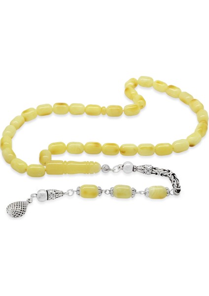 925 Ayar Gümüş Kral Helezon Uç Püsküllü Kapsül Kesim Sarı Beyaz Renk Patinli Damla Kehribar Tesbih