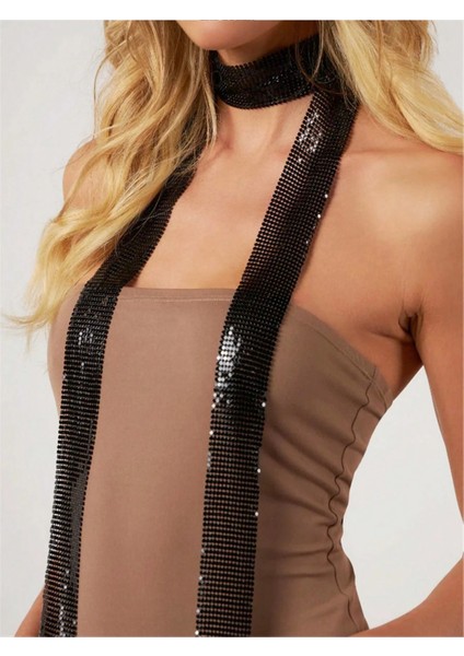 Flar Taşlı Zincir Taşlı Metalik Şık Uzun Choker Yaka Aksesuar – Parti & Gece Kombin Tamamlayıcı