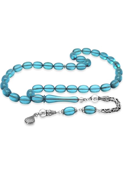 925 Ayar Gümüş Kral Zincir Püsküllü Sülün Imame Beyzi Kesim Mavi Katalin Tesbih