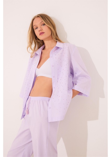 Mor Gömlek Yaka Pijama Takımı