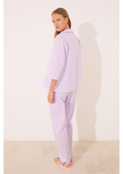 Mor Gömlek Yaka Pijama Takımı