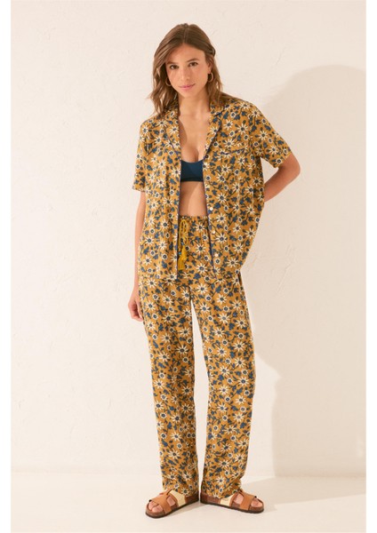 Kadın Hardal Desenli Pijama Takımı