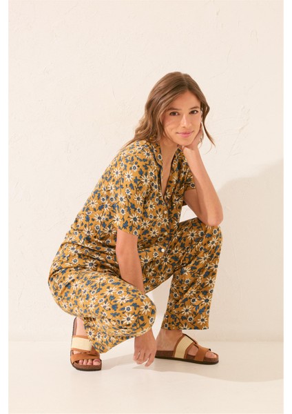 Kadın Hardal Desenli Pijama Takımı