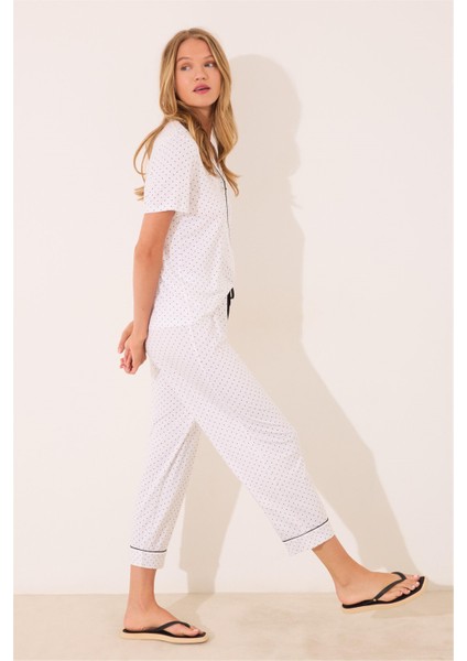 Kadın Beyaz Puantiyeli Pijama Takımı