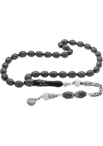 925 Ayar Gümüş Kral Püsküllü Ekose Motifli Gümüş Firuze Işlemeli Arpa Kesim Erzurum Oltu Taşı Tesbih