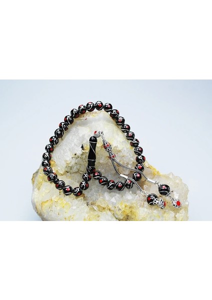 Oltu Taşı Üçlü Çeşmi Bülbül Kırmızı Işlemeli Tespih