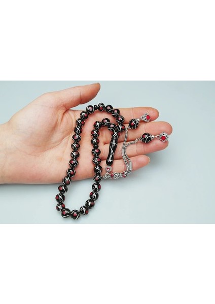 Oltu Taşı Üçlü Çeşmi Bülbül Kırmızı Işlemeli Tespih