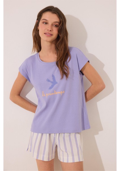 Mor Desenli Şort Pijama Takımı