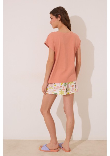 Turuncu Kısa Kollu Şortlu Pijama Takımı