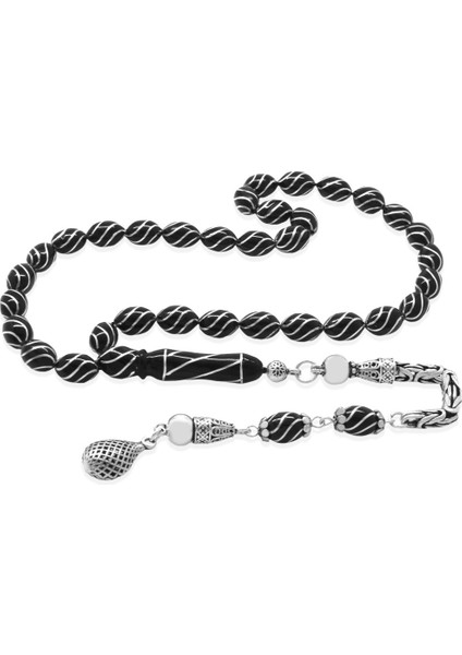 925 Ayar Gümüş Kral Zincir Püsküllü Gümüş Çeşmi Bülbül Işlemeli Arpa Kesim Erzurum Oltu Taşı Tesbih