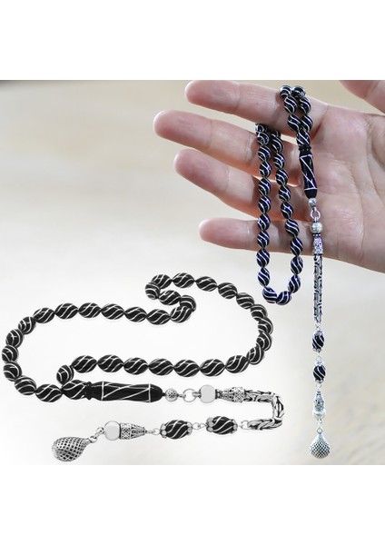 925 Ayar Gümüş Kral Zincir Püsküllü Gümüş Çeşmi Bülbül Işlemeli Arpa Kesim Erzurum Oltu Taşı Tesbih fiyatları