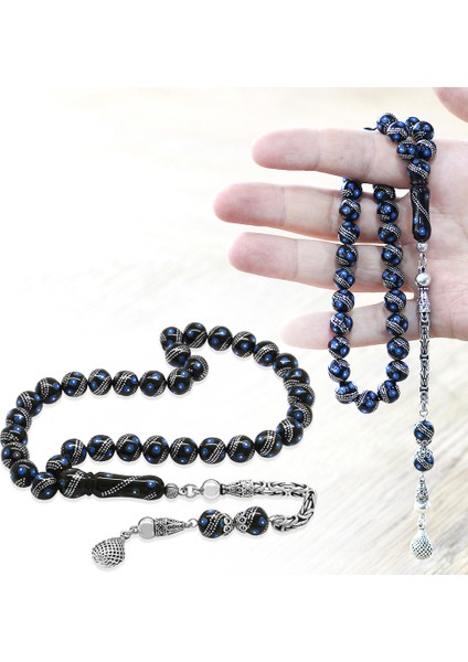 Erzurum Oltu Taşı Tesbih - 925 Ayar Kral Zincir Püsküllü - Gümüş Firuze Işlemeli - Küre Kesim fiyatları