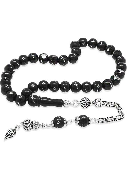 Rus Oltu Taşı Tesbih - 925 Ayar Gümüş Kral Püsküllü - Gümüş Tuğra Işlemeli - Küre Kesim