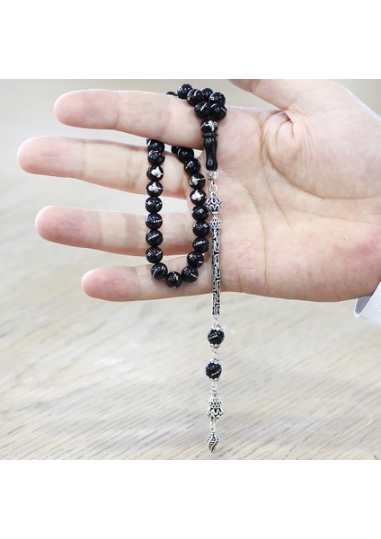 Rus Oltu Taşı Tesbih - 925 Ayar Gümüş Kral Püsküllü - Gümüş Tuğra Işlemeli - Küre Kesim modelleri