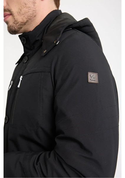 Erkek Siyah Çıkarılabilir Kapüşonlu Spor Mont