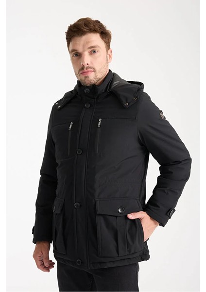 Erkek Siyah Çıkarılabilir Kapüşonlu Spor Mont