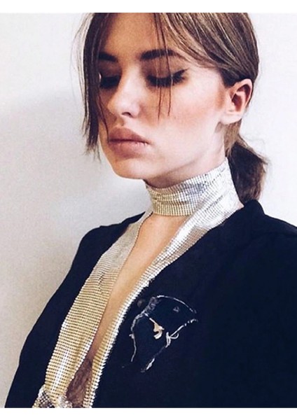 Flar Taşlı Zincir Taşlı Metalik Şık Uzun Choker Yaka Aksesuar – Parti & Gece Kombin Tamamlayıcı